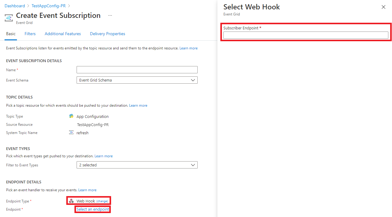 Selecting Endpoint creates a new blade to enter the endpoint URI.