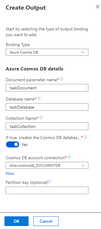 Azure Cosmos DB 出力バインディングを構成する。