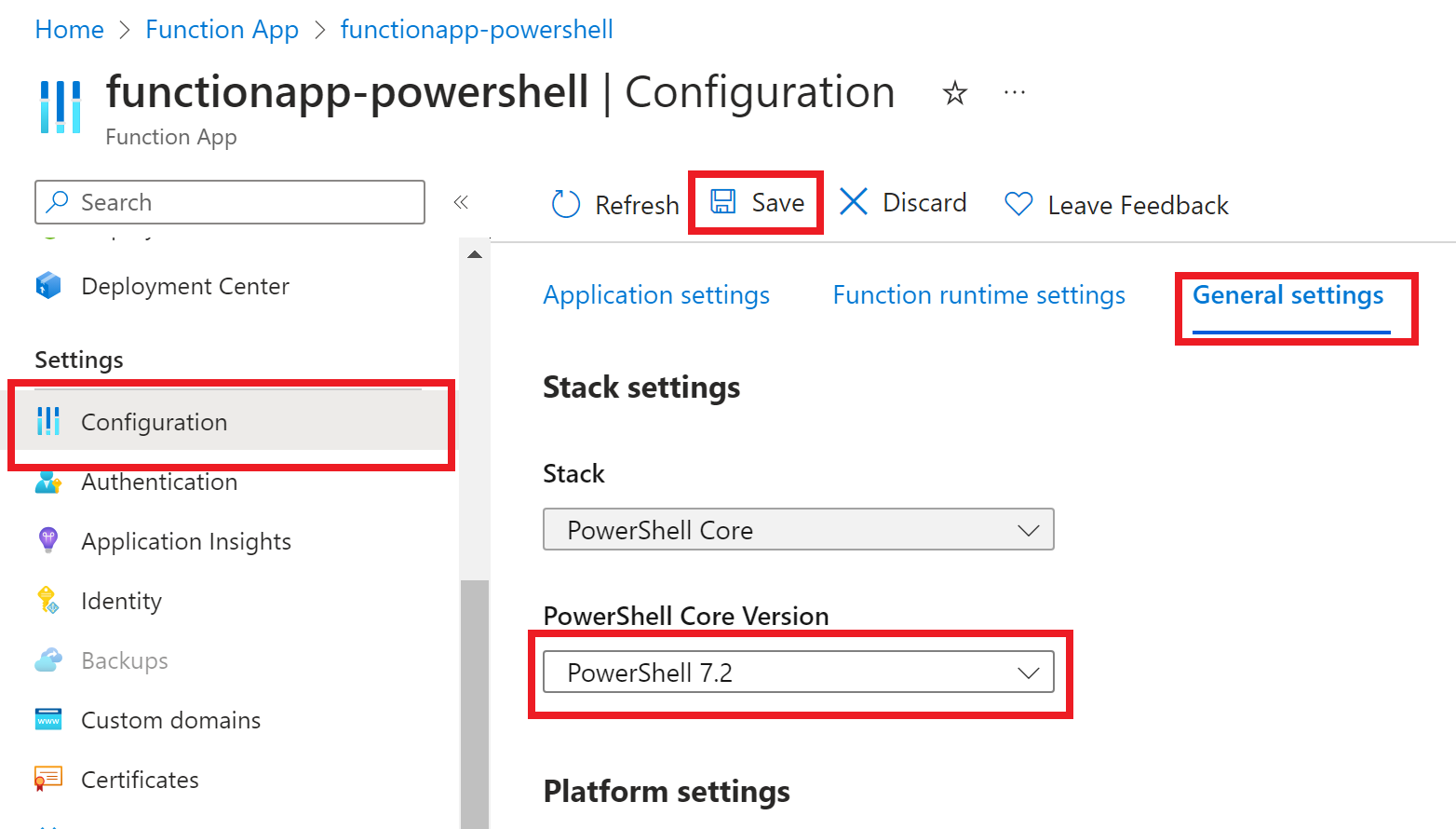 Azure portal で関数アプリの目的の PowerShell バージョンを設定する方法を示すスクリーンショット。