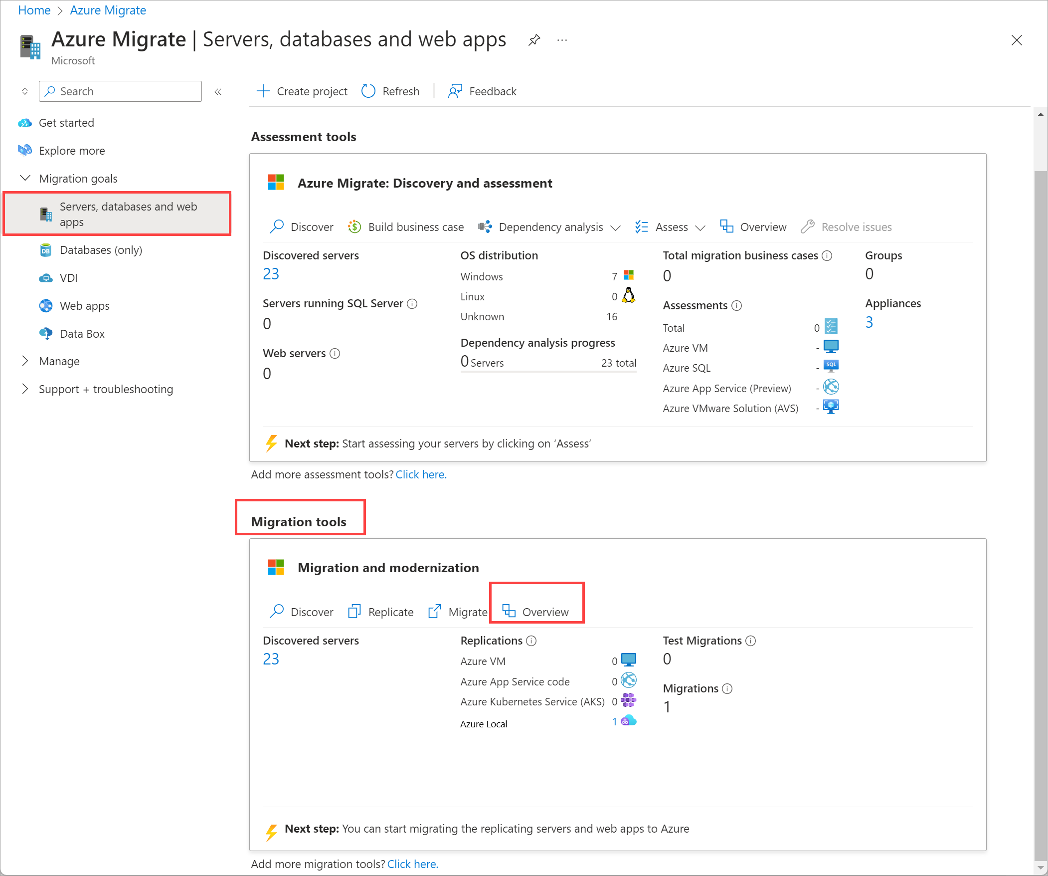 Azure portal の Azure Migrate プロジェクト > 移行ツール > 概要のスクリーンショット。