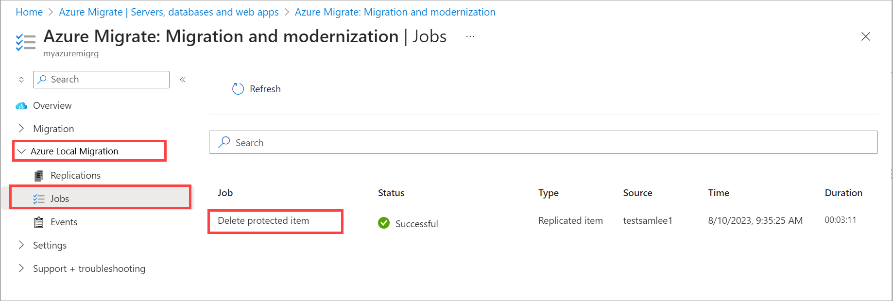 Azure portal でジョブ> Azure ローカル移行 >>ジョブ> Azure Migrate プロジェクト >移行ツールの概要スクリーンショット。