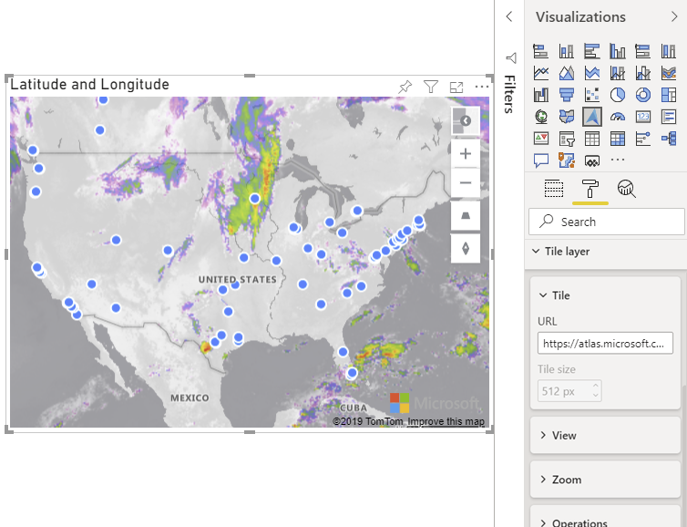 Azure Maps からの現在の赤外線気象データを示すタイル レイヤーの上にバブル レイヤーを表示した地図。