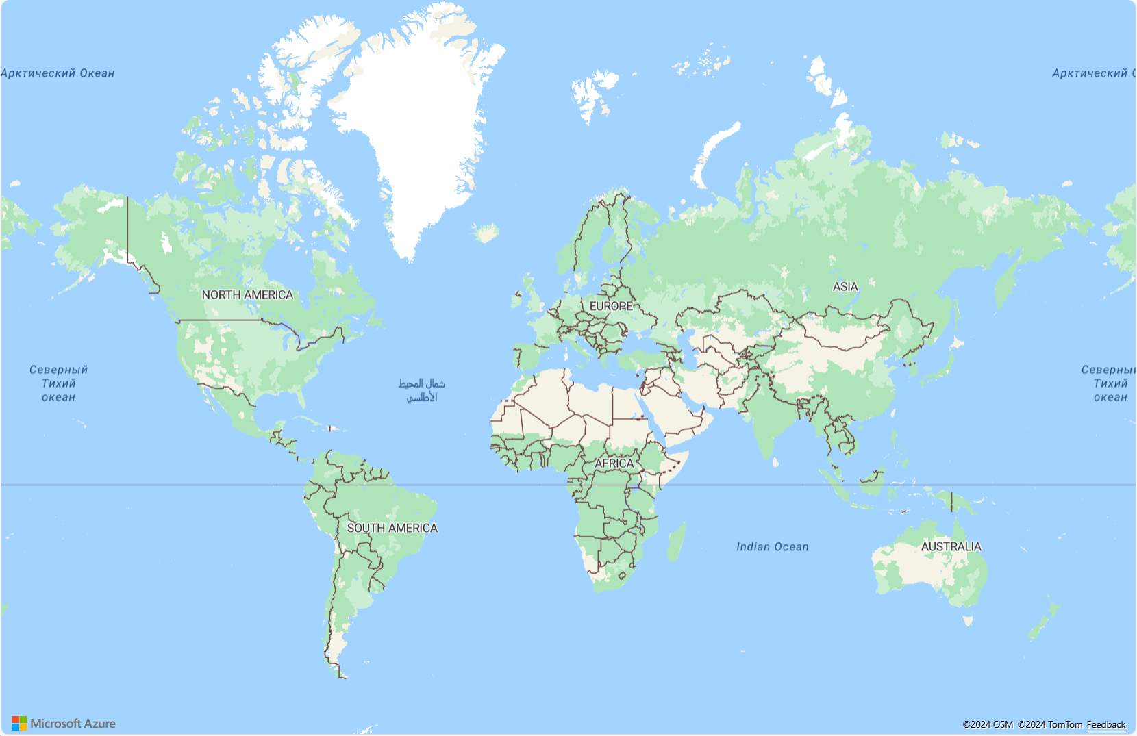 Azure Maps サブスクリプション キーを使用して atlas Map API を呼び出すことによって作成できる最も基本的な地図を示すスクリーンショット。