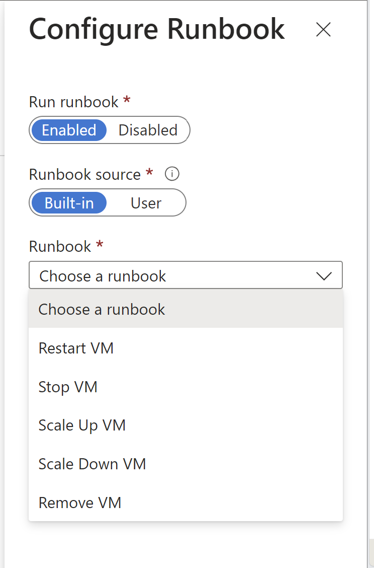 Runbook アクションの構成のスクリーンショット。