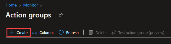 Azure portal の [アクション グループ] ページを示すスクリーンショット。[作成] ボタンが強調表示されている。