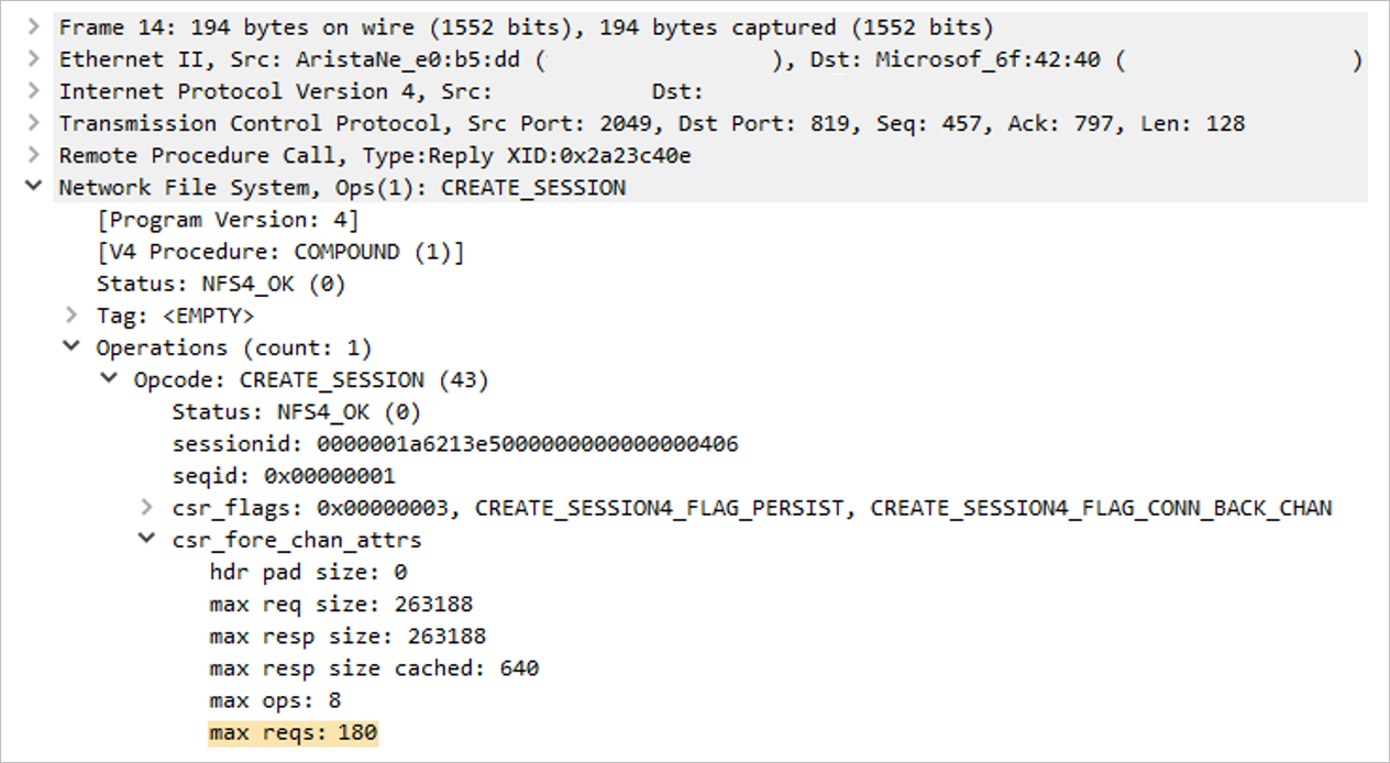 Screenshot that shows max session slots for Packet 14.