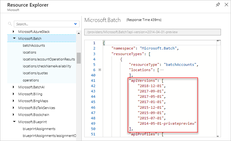 Azure Resource Explorer でのリソースの種類の有効な API バージョンを表示する画面のスクリーンショット。