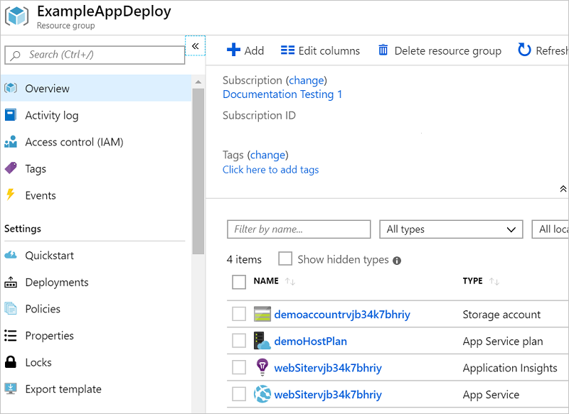 リソース グループのデプロイされたリソースが表示された Azure portal のスクリーンショット。