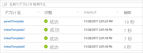 Azure portal に表示されたデプロイの履歴のスクリーンショット。