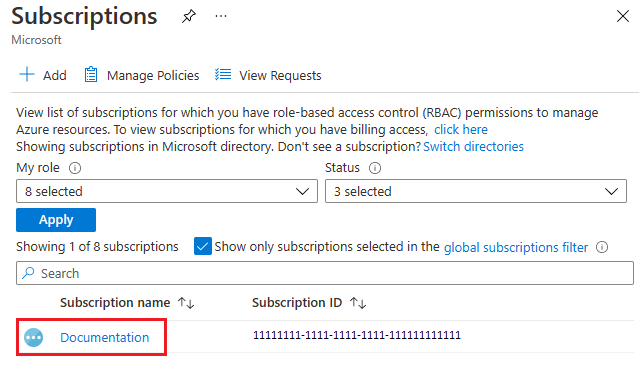 特定のサブスクリプション リンクを強調表示した、Azure portal サブスクリプション リストのスクリーンショット。