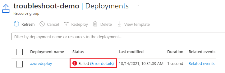 失敗したデプロイのエラー詳細へのリンクが表示されている、Azure portal のリソース グループのデプロイ セクションのスクリーンショット。