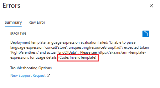 エラー コード InvalidTemplate の構文エラーを示す、Azure portal の検証エラー メッセージのスクリーンショット。