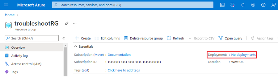 プリフライト エラーにより空のデプロイ履歴セクションが表示された Azure リソース グループの概要ページのスクリーンショット。