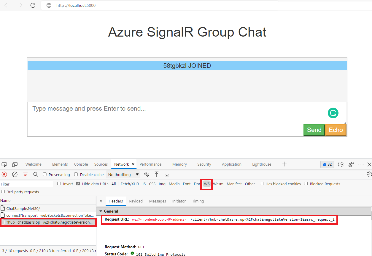 App Gateway と SignalR Service を使用したローカルでのチャット アプリケーションの実行を示すスクリーンショット。