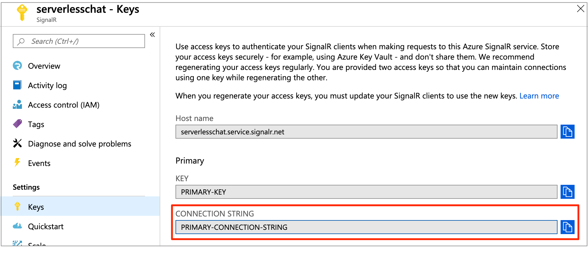 Azure SignalR サービスのキー ページのスクリーンショット。