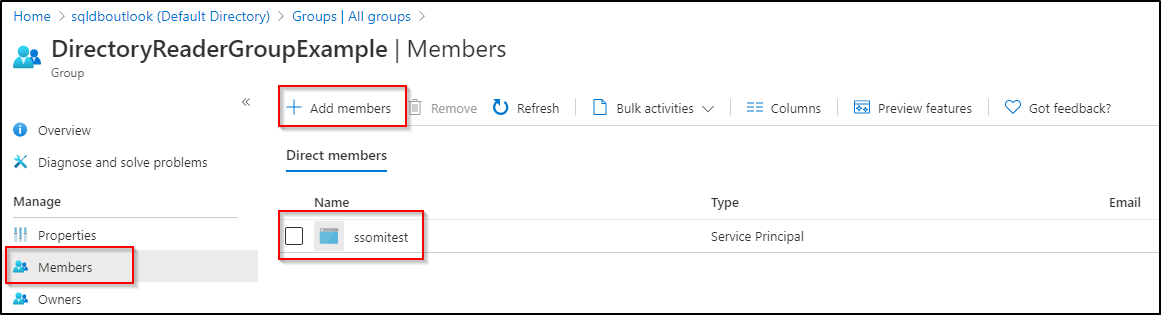 SQL Managed Instance を新しいメンバーとして追加するためのオプションが強調表示されている Microsoft Entra リソースの [メンバー] ページのスクリーンショット。