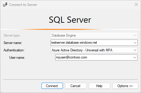 すべてのフィールドが入力されている、SSMS での [サーバーへの接続] ダイアログ設定のスクリーンショット。