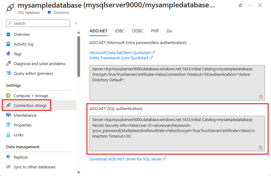 ADO.NET の接続文字列を示すスクリーンショット。