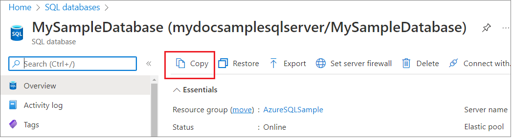 Azure portal のスクリーンショット。データベースの概要ページで [データベースのコピー] オプションが強調表示されています。