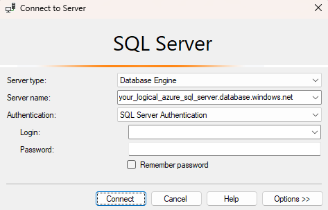 SQL Server Management Studio (SSMS) の Azure SQL データベース論理サーバーへのサーバー接続ダイアログ ボックスのスクリーンショット。