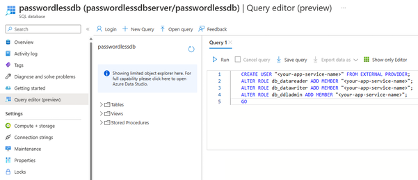 Azure Query エディターの使用方法を示すスクリーンショット。