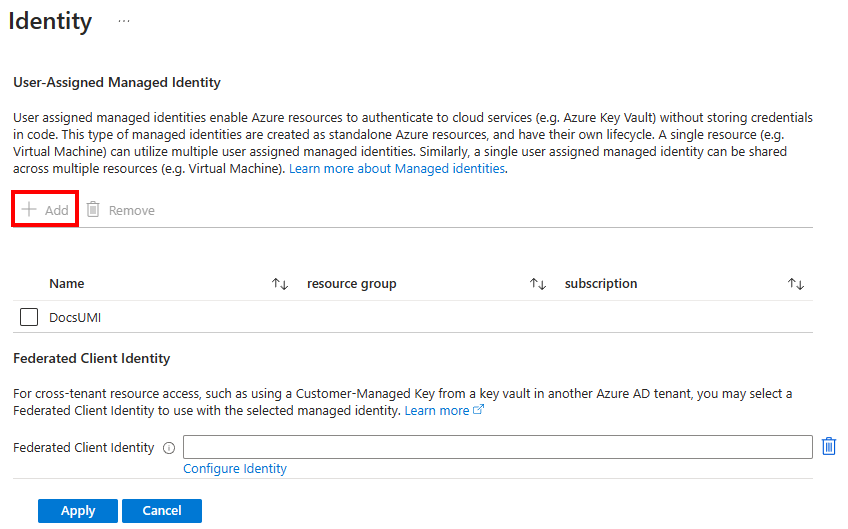 Azure portal の [ID] メニューのスクリーンショット。