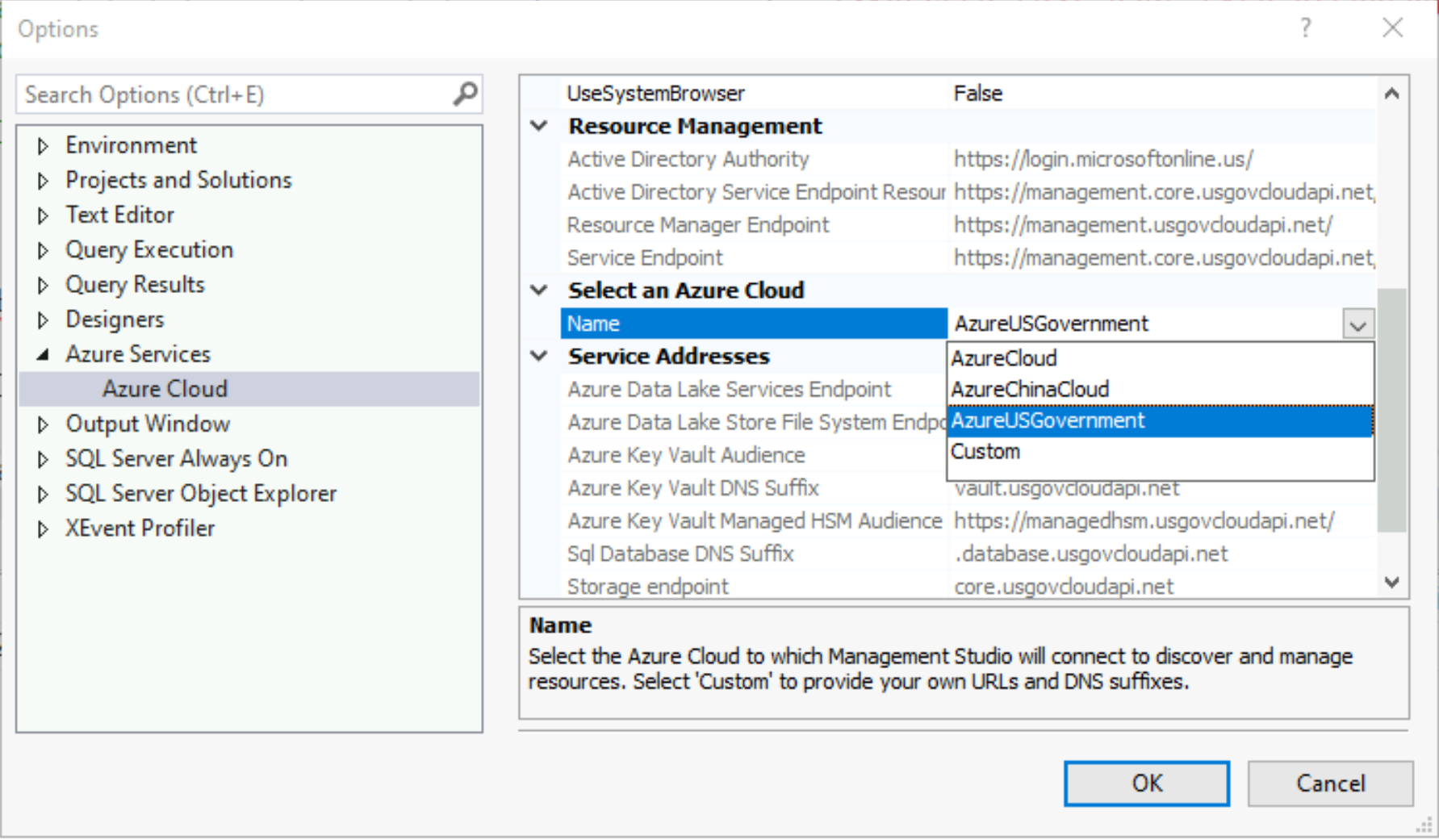 SSMS UI、[オプション] ページ、[Azure サービス] で [Azure Cloud] が強調されているスクリーンショット。