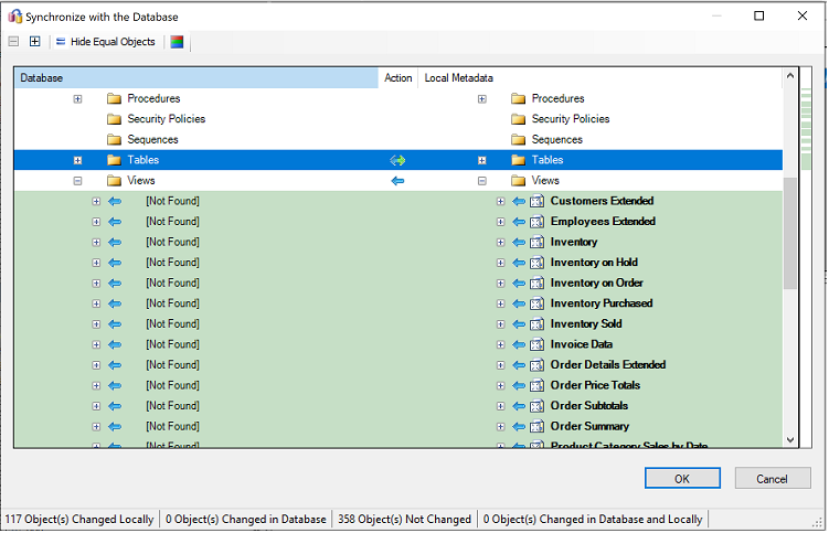 データベースとの同期を確認するための [Synchronize with the Database]\(データベースとの同期\) ペインのスクリーンショット。