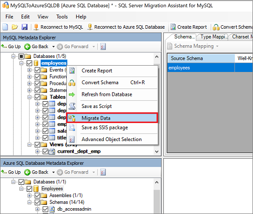 [MySQL Metadata Explorer]\(MySQL メタデータ エクスプローラー\) ペインの [Migrate Data]\(データの移行\) コマンドのスクリーンショット。