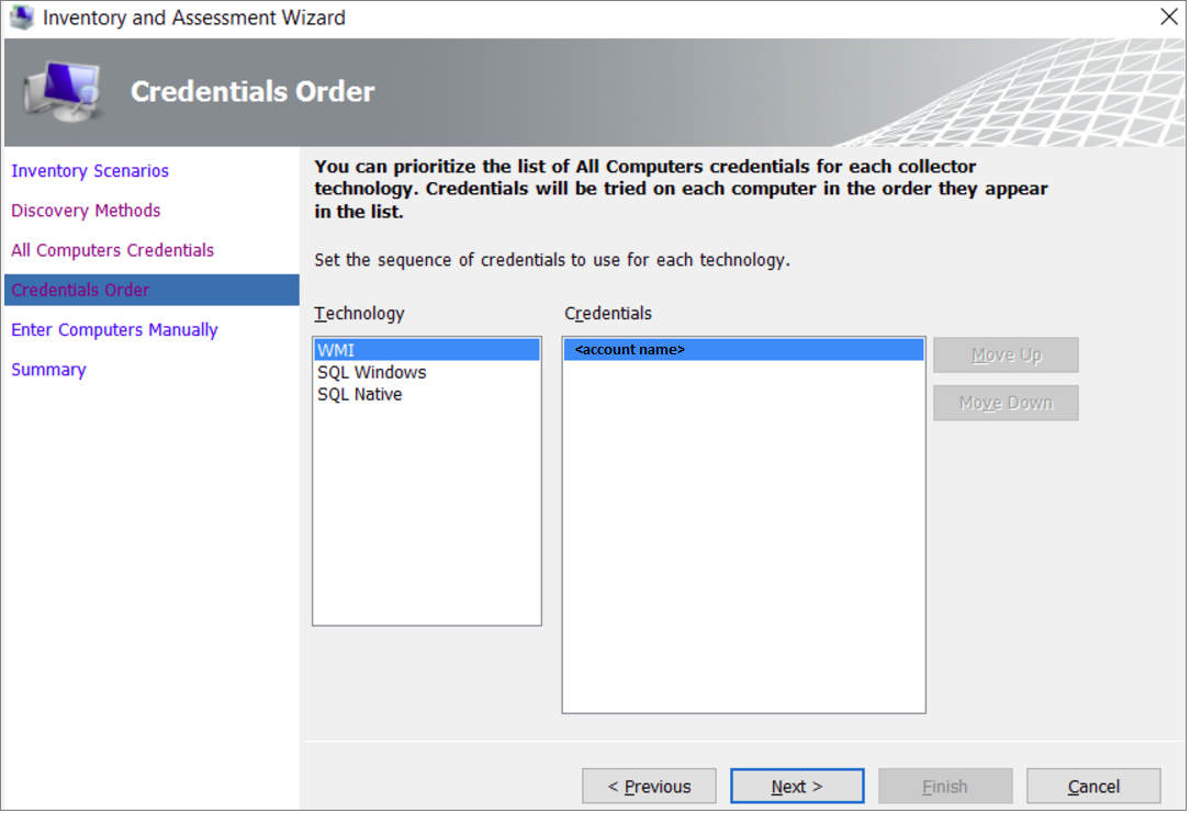 インベントリと評価ウィザードの [Credentials Order]\(資格情報の順序\) ページを示すスクリーンショット。