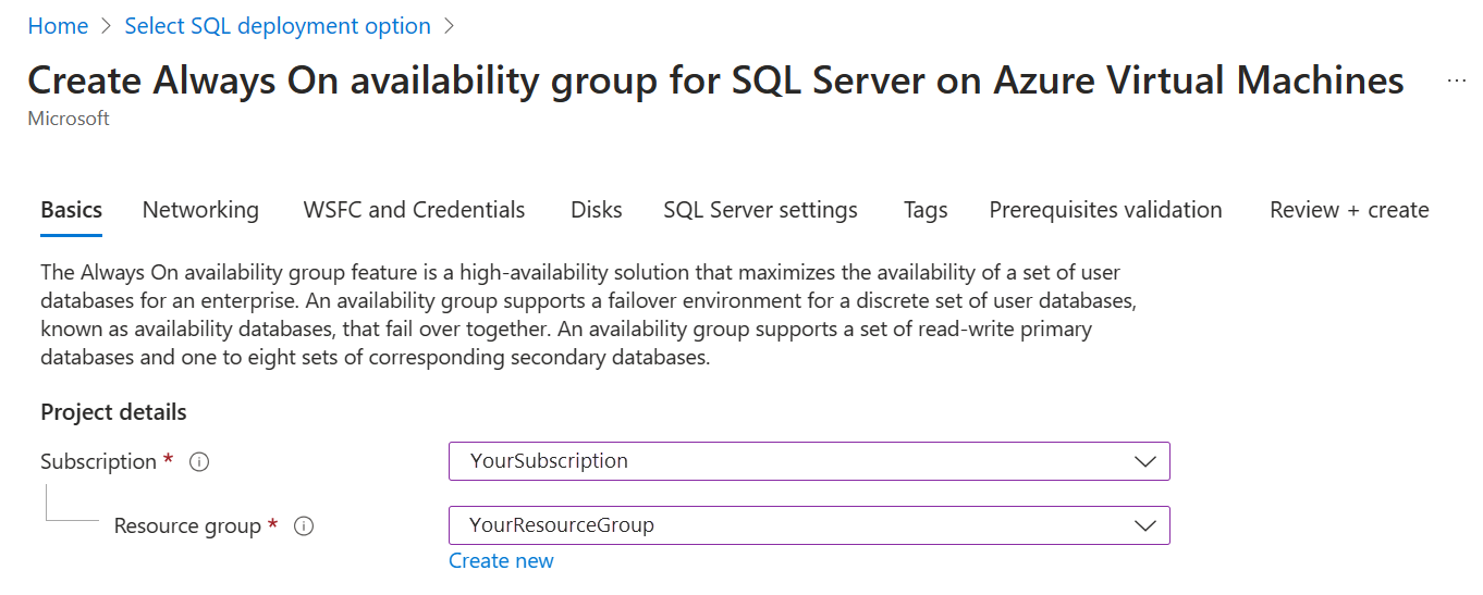 サブスクリプションとリソース グループを指定するためのボックスを示す Azure portal のスクリーンショット。