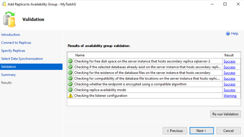 SSMS での可用性グループ検証の結果を表示するページのスクリーンショット。