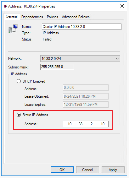 もう一方の SQL Server VM に割り当てたサブネットの Windows クラスター専用 IP アドレスを使用して、エラー状態の 2 つ目の **[IP アドレス]** リソースについても同じ手順を繰り返します。