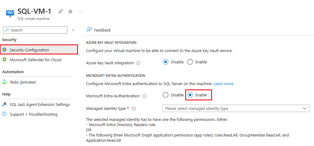 Azure portal の SQL VM の [セキュリティの構成] ページを示すスクリーンショット。[Microsoft Entra 認証] が選択されています。