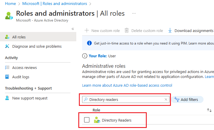 Azure portal の [ロールと管理者] ページのスクリーンショット。[ディレクトリ閲覧者] ロールを検索して選択しています。