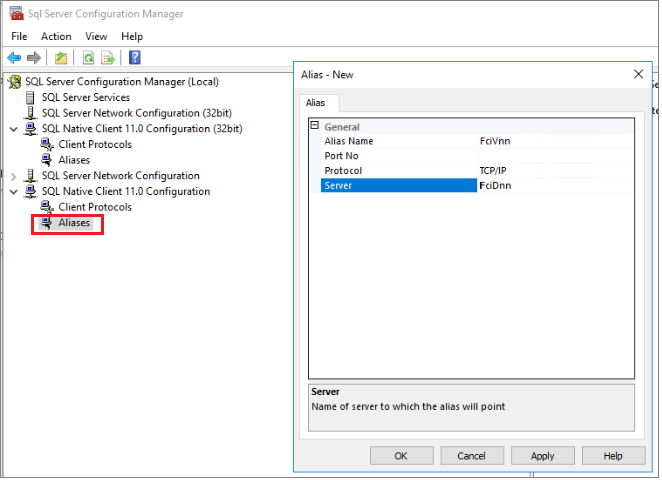 SQL Server 構成マネージャーを使用して、DNN DNS 名をネットワークの別名として構成する。