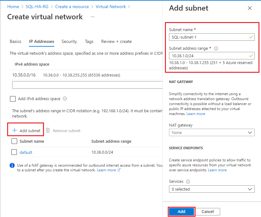 最初のサブネットに sql-subnet-1 などの名前を付け、3 番目のオクテットを 1 回繰り返します。これにより、DC サブネットの IP アドレスが 10.5.0.0 の場合、新しいサブネットは 10.5.1.0 になります