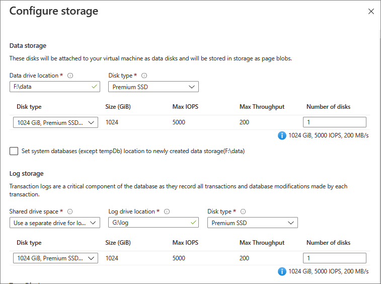 Azure portal での、プロビジョニング中の SQL Server VM ストレージ構成ページのスクリーンショット。