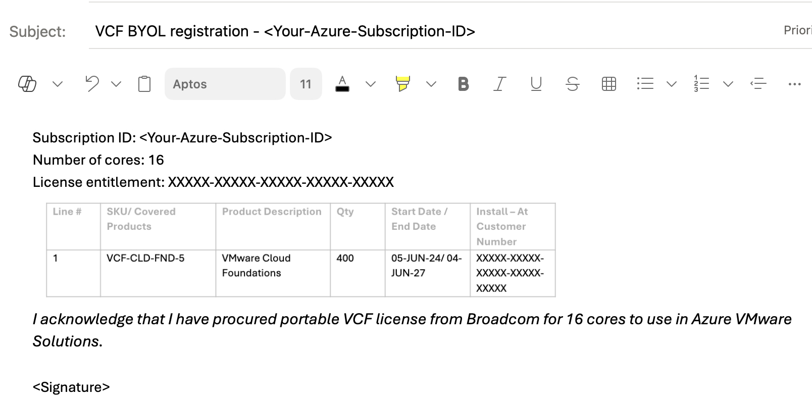 ポータブル VCF サブスクリプションを登録するサンプル メールのスクリーンショット。