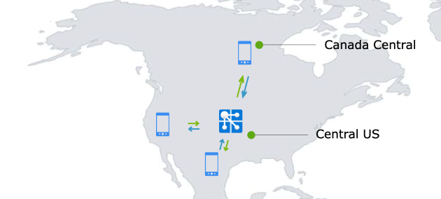 1 つの Azure WebPubSub インスタンスを使って 2 か国からのトラフィックを処理する図。