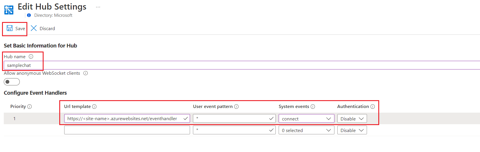 Azure Web PubSub のハブ設定の構成のスクリーンショット。