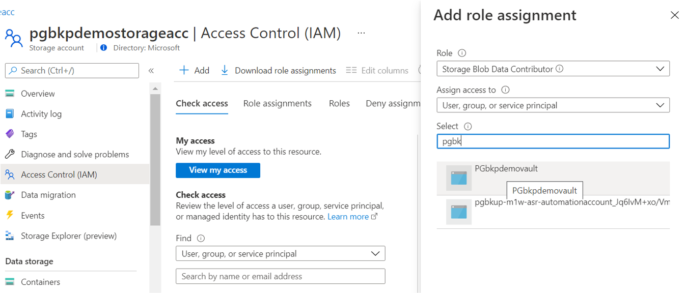 Azure portal を使用して、ストレージ アカウント コンテナーにアクセスするためのアクセス許可をバックアップ コンテナーの M S I に割り当てるプロセスを示すスクリーンショット。