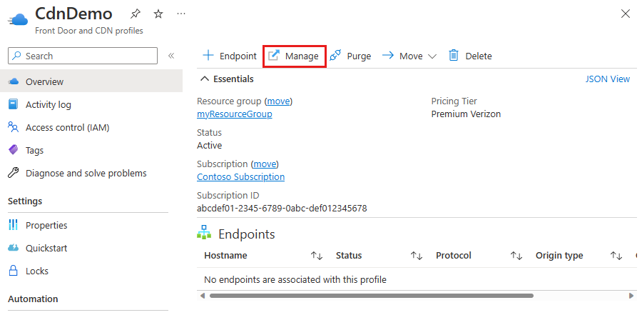 Azure CDN Edgio Premium プロファイルの [管理] ボタンのスクリーンショット。