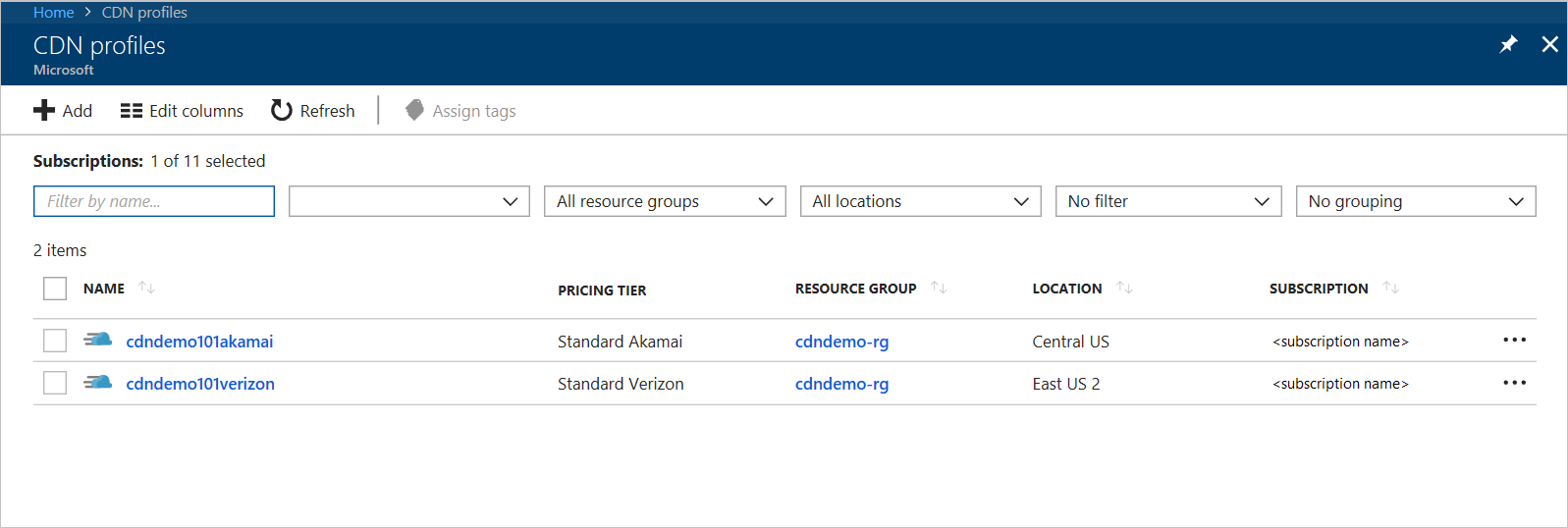 コンテンツ配信ネットワークの複数のプロファイルのスクリーンショット。