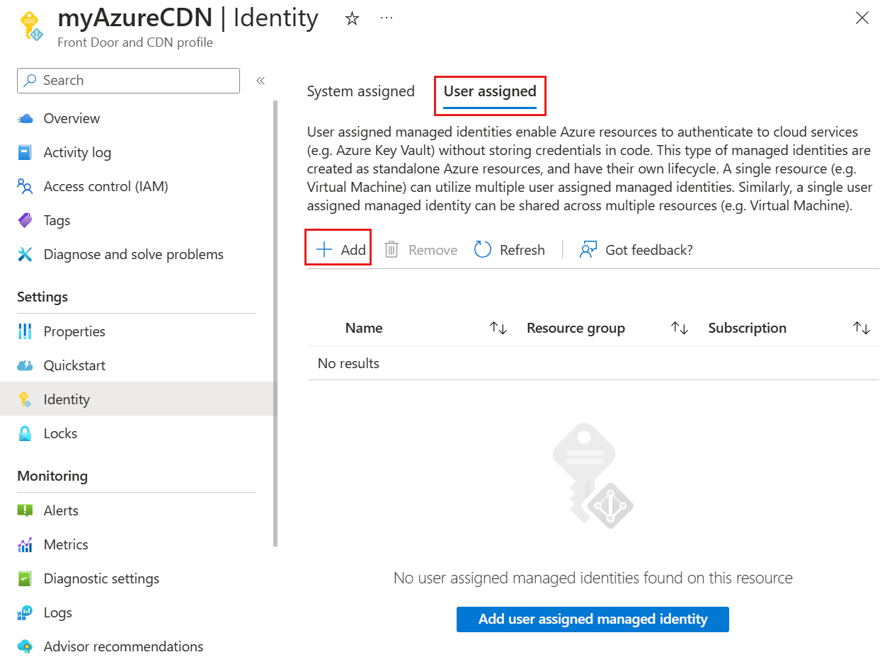 ユーザー割り当てマネージド ID を構成するページのスクリーンショット。