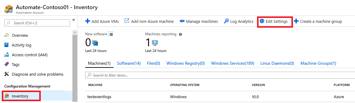 Azure portal の Azure Automation のインベントリ ビューのスクリーンショット