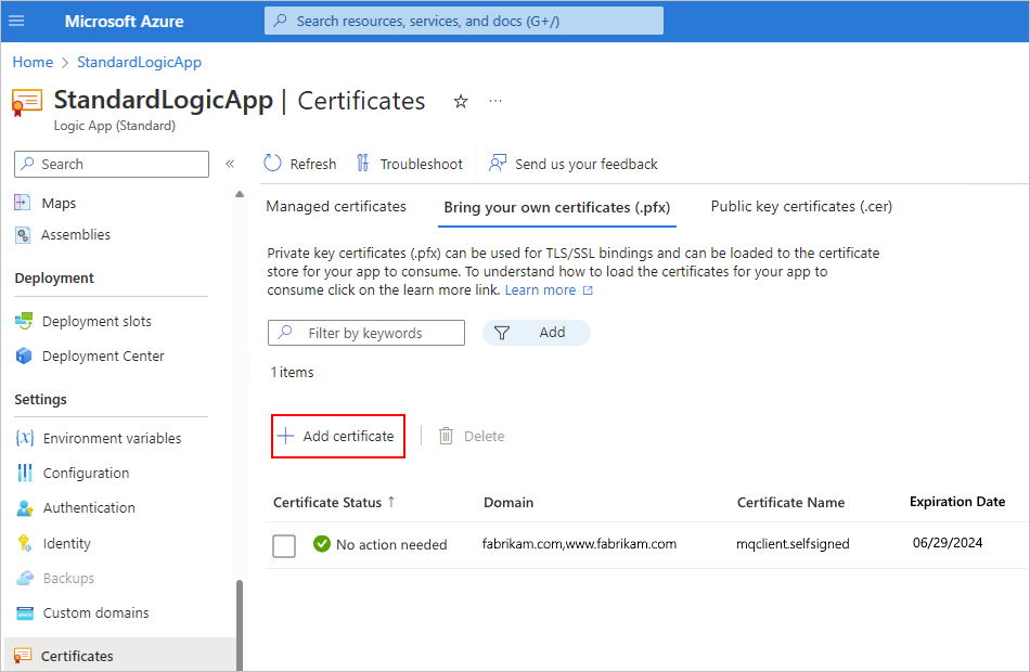 [TLS/SSL 設定 (クラシック)]、[秘密キー証明書 (.pfx)]、[証明書のアップロード] が選択されている Azure portal と Standard ロジック リソースを示すスクリーンショット。