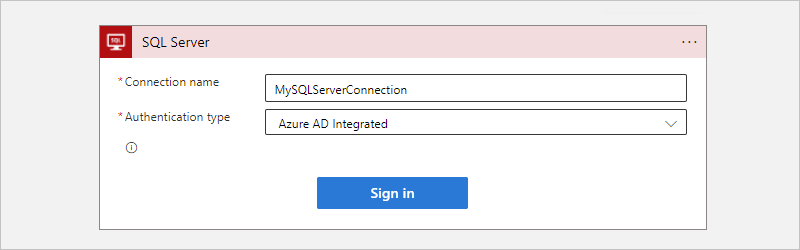 選択済みの認証の種類が表示されている Azure portal、従量課金ワークフロー、SQL Server クラウド接続情報を示すスクリーンショット。