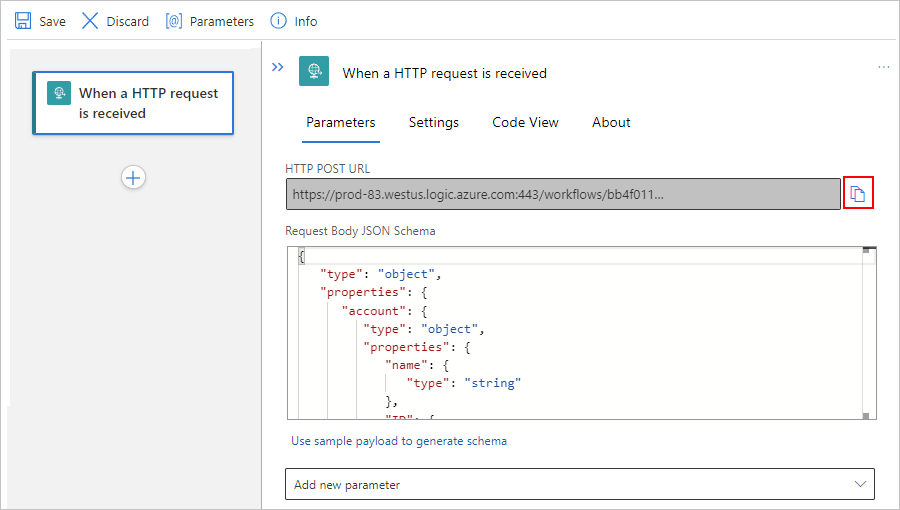 Standard ワークフロー、Request トリガー、および選択された URL のコピー ボタンを示すスクリーンショット。