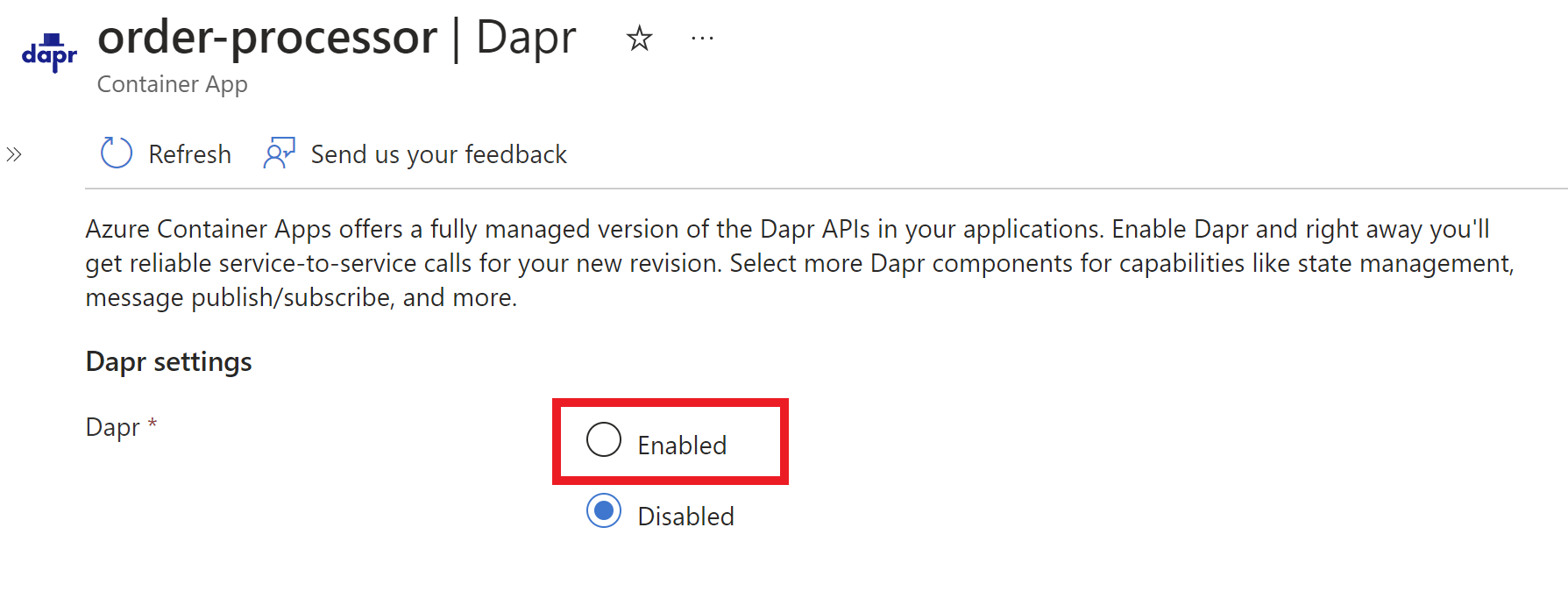 既定で無効になっている Dapr をクリックして有効にする場所を示すスクリーンショット。